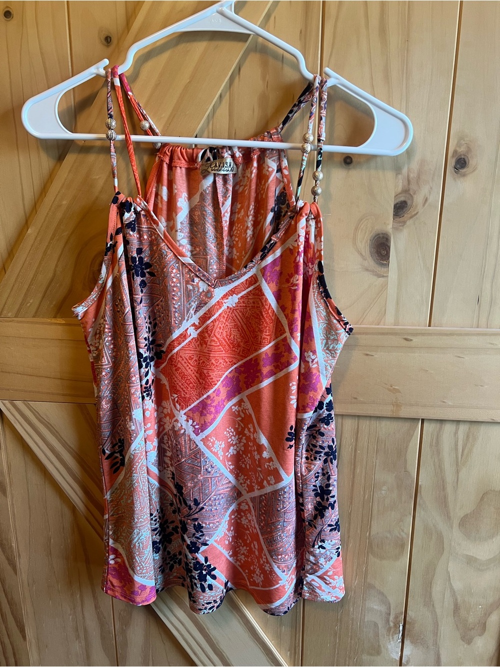 Lavish Coral and Pink Patterned Beaded-Strap Tank Size L Summer Boho Hippie Chic